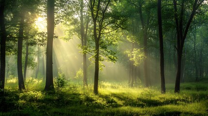 Obraz premium Sunlight streams through a misty forest. Concept of nature, tranquility, and serenity.
