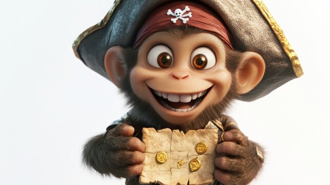 Cheerful monkey pirate holding treasure map.