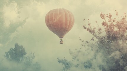 Obraz premium Hot air balloon floats calmly through hazy skies photo.. AI Generated
