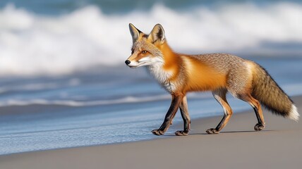 Fototapeta premium Fox strolling along a sandy beach with the ocean waves gently crashing behind.