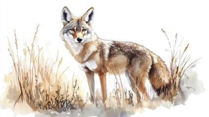 Watercolor illustration of a coyote, with soft hues blending into the natural scenery.