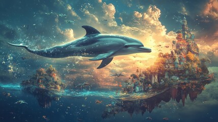 Fototapeta premium Surreal dolphin, leaping through a dreamlike, otherworldly ocean with floating islands and whimsical sea creatures.
