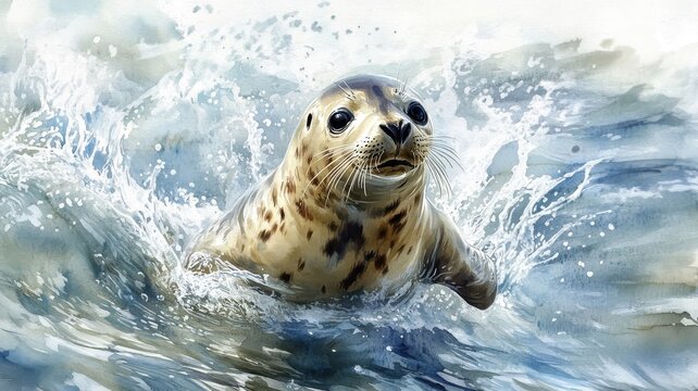 Watercolor illustration of a seal playfully splashing in clear, blue water, with soft, flowing brushstrokes.