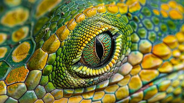 A striking close-up reveals the detailed patterns of a green and yellow lizard eye, highlighting the reptile's unique scales and vibrant colors in natural light.