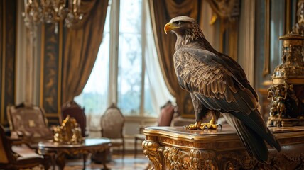 An eagle perched elegantly in a luxurious room with rich curtains and opulent decor.