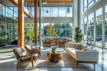 Obraz premium Modern lounge space design urban setting interior photography bright environment wide viewpoint contemporary style