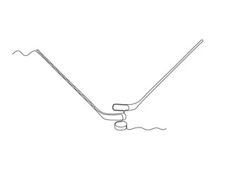 Abstract hockey stick with puck, continuous single line art drawing sketch, logo