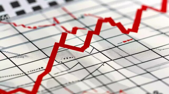 The financial graph features a prominent red line that fluctuates upwards, representing growth trends in stock prices during market trading.