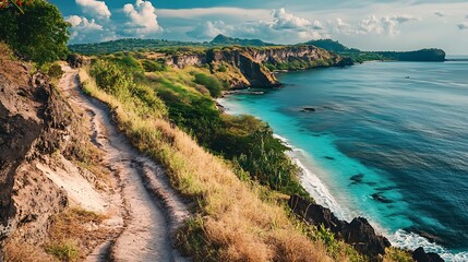 Fototapeta premium Coastal Hiking Trail, Tropical Paradise. Scenic Viewpoint, Adventure, Travel