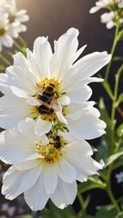 Obraz premium A lone bumblebee perched on the edge of a large white flower, flowers, nature, peaceful atmosphere