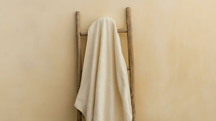 A minimalist bathroom with a ladder-style towel rack and wall-mounted storage solutions