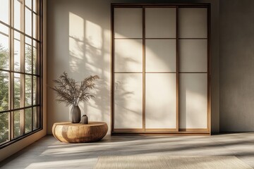 Minimalist room with wooden sliding doors, large window, and round wooden table displaying dried flowers.