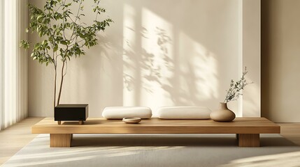 A minimalist living room with a low coffee table, a media unit, and greenery for dÃ©cor