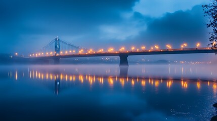 Fototapeta premium Misty River Bridge at Night. Tranquil urban landscape.
