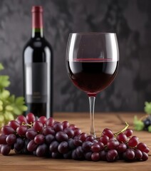 Obraz premium Elegant red wine glass filled with rich, bold red wine alongside a wine bottle and a bunch of grapes, elegant, premium, red wine