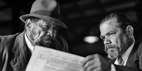 Black and white close-up of two men with intense expressions, focused on analyzing a document in a noir style.