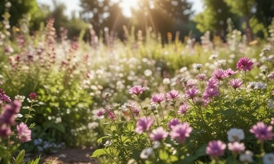 Obraz premium Aromatic flowers in a sunny garden with shallow depth of field and creamy bokeh, floral details, blurred background