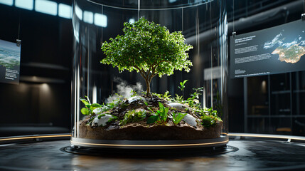 detailed display of miniature ecosystem featuring vibrant tree, surrounded by lush plants and soil, showcasing beauty of nature in glass enclosure