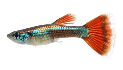 Fototapeta premium Vibrant Guppy Fish Aquatic Life Colorful Tail Tropical Fish Pet Aquarium Closeup Macro Isolated