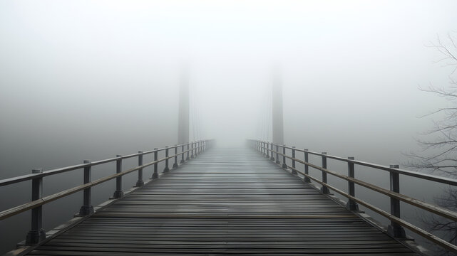 A mysterious wooden bridge vanishes into the fog, creating an atmosphere of intrigue and uncertainty