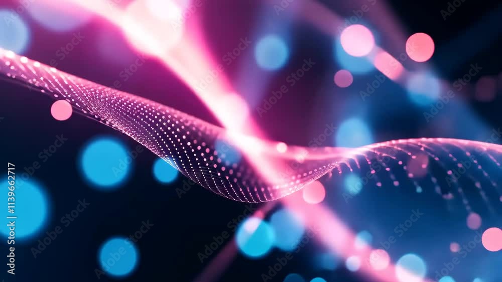 Poster a dynamic abstract representation of colorful waves filled with glowing particles and bright light e