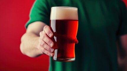 Man offering pint of amber beer.