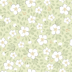 Vector illustration. Seamless pattern of white small flowers on a light green background. Ditsy floral pattern, field of flowers, print for fabric, textile, wallpaper, baby clothes, packaging	
