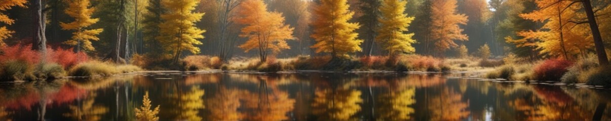 Fototapeta premium A tranquil pond reflecting the changing colors of autumn amidst a dense thicket of trees, woodland, reflective surface