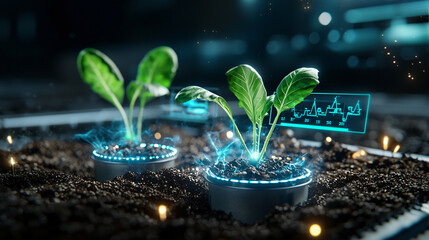 Innovative farming system with plants growing in smart pots, showcasing technology and data analysis for enhanced agriculture
