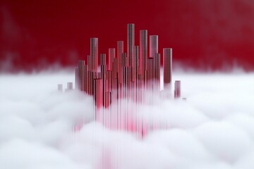 Fototapeta premium Misty skyline, bold crimson backdrop, abstract cityscape emerges from fine spray, illustrating urban creativity and depth