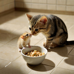 a kitten and a gerbil sitting together near a bowl of food, sharing a peaceful moment on a tiled kitchen floor.