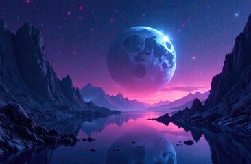 Futuristic fantasy landscape, sci-fi landscape with planet, neon light, cold planet. Galaxy,...