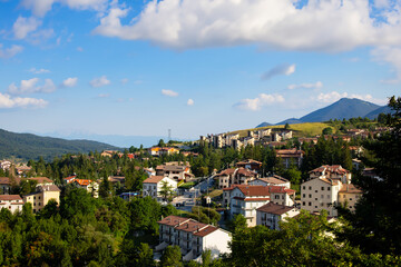 Panoramic view of Rivisondoli, nestled in the Majella National Park, Abruzzo, showcasing picturesque mountain scenery
