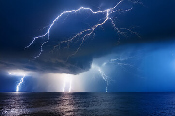 Ein starkes Gewitter mit mehreren Blitzen &uuml;ber einem Meer