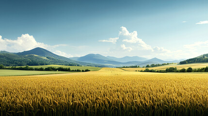 Fototapeta premium vast rice field stretches under clear blue sky, surrounded by majestic mountains. golden grains sway gently in breeze, creating serene and picturesque landscape