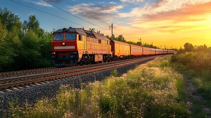 Obraz premium Train at Sunset. Scenic Railroad Journey Through Countryside.