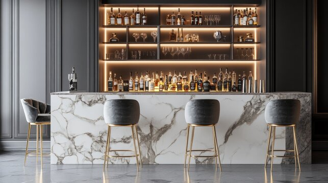 A high-end bar room with a marble bar counter, velvet stools, and gold fixtures. Custom cabinets hold fine spirits, perfect for a luxury home entertaining setting