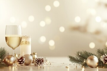 Glass of sparkling wine with Christmas decorations and pine cones on festive background