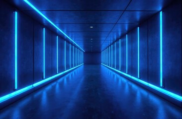 Abstract tunnel, corridor with light beams and new highlights. Abstract blue background, neon. Scene with beams and lines, round arch, light in motion, night view