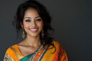 Woman in a vibrant pink sari sari holding a basket of colorful flowers, smiling at a bustling Indian market.