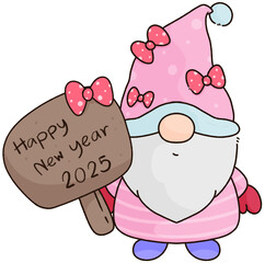 Cute cartoon gnome with happy new year 2025 sign decoration new year, element cartoon PNG