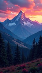 Fototapeta premium Forest mountain range at dusk with sunset colors, trees, mountains, colors