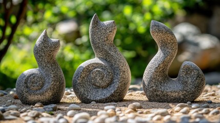 Three abstract cat sculptures in gray granite, set on a bed of pebbles outdoors.