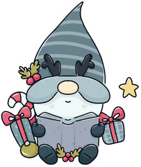 Cute cartoon Gnome reading a book with decoration new year, element cartoon happy new year