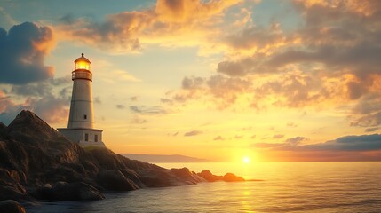 Fototapeta premium A serene lighthouse at sunset, illuminating the rocky coast and calm sea.