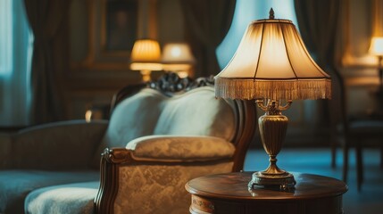 Classic living room scene featuring an intricate table lamp with antique finishes casting warm light on elegant vintage furniture.
