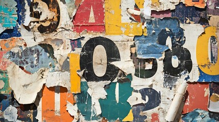 Fototapeta premium Close up photo of tattered collage with colorful textures and numbers.. AI Generated