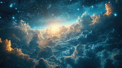 A stunning cosmic scene depicting clouds and stars with a bright horizon.