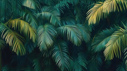 Lush tropical palm leaves background. Deep green and yellow fronds create a dense foliage backdrop.