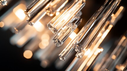 Naklejka premium Close-up of crystal droplets refracting light on a high-end chandelier, creating elegant reflections and warm illumination.